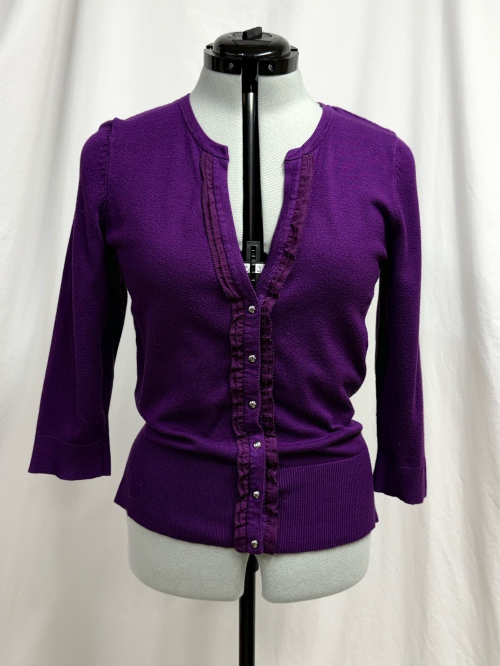 White House Black Market Purple Ruffle-Trim Button Cardigan